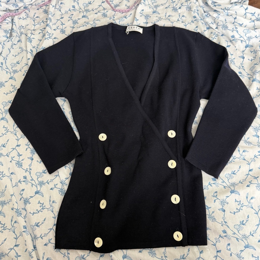 Jaegar 100% Wool Navy Cardigan, Double breasted with White Buttons